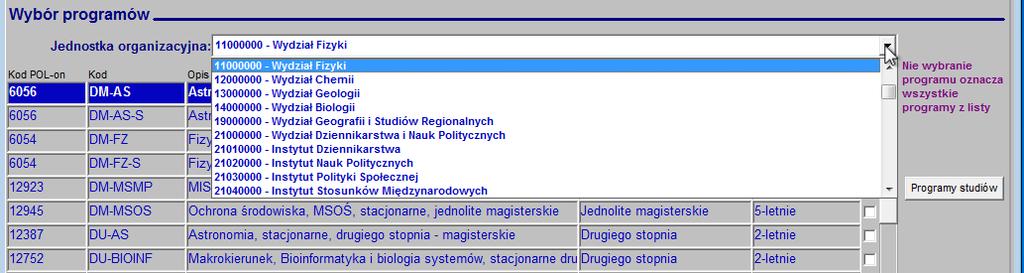 Istnieje także możliwość zawężenia listy wyświetlanych programów przez wskazanie jednostki organizacyjnej uczelni.