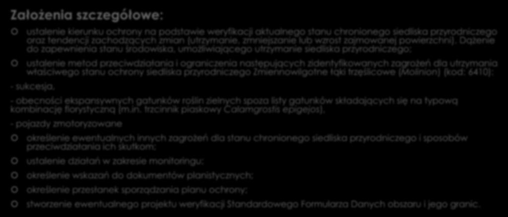 Cele działań ochronnych: Założenia szczegółowe: ustalenie kierunku ochrony na podstawie weryfikacji aktualnego stanu chronionego siedliska przyrodniczego oraz tendencji zachodzących zmian