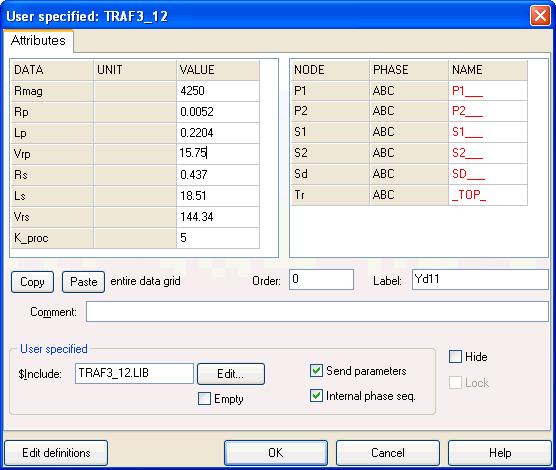 Przykład 2 5 elementu programu ATPDraw. Wprowadzane tam parametry są przekazywane następnie do modułu traf3_12.dat. Rys. 4.