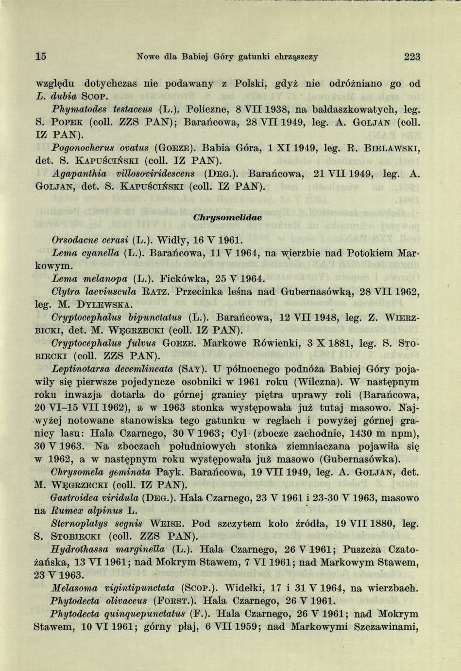 15 Nowe dla Babiej Góry gatunki chrząszczy 223 względu dotychczas nie podawany z Polski, gdyż nie odróżniano go od L. dubia S c o p. Phymatodes testaceus (L.).