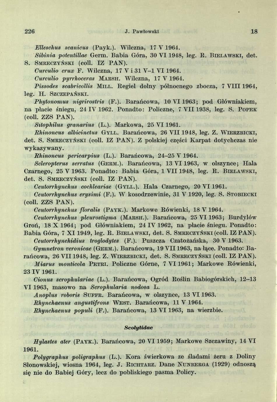 226 J. Pawłowski 18 Elleschus scanicus (Payk.). Wilczna, 17 V 1964. Sibinia potentillae Germ. Babia Góra, 30 VI 1948, leg. E. B ie l a w s k i, det. S. S m r e c z y ń s k i (coli. IZ PAN-).