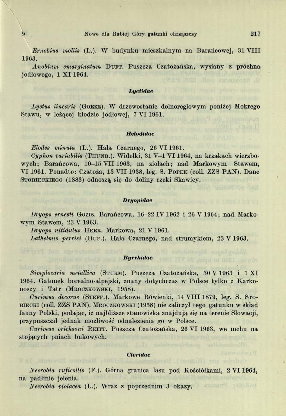 » Nowe dla Babiej Góry gatunki chrząszczy 217 Ernobius mollis (L.). W budynku mieszkalnym na Barańcowej, 31 V III 1963. Anobium emarginatum D u f t.