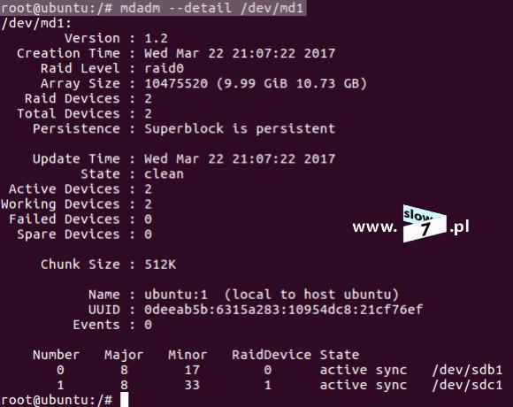 <nazwa_macierzy> Poniżej przedstawiono wynik jaki uzyskano po wydaniu polecenia odnośnie macierzy /dev/md1