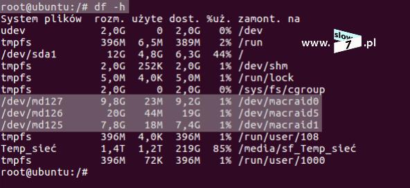 Uważny Czytelnik na pewno zauważy fakt zmiany nazw macierzy: macierz /dev/md1 na /dev/md127 - RAID0 macierz /dev/md2 na /dev/md125 - RAID1 macierz /dev/md3 na /dev/md126 -