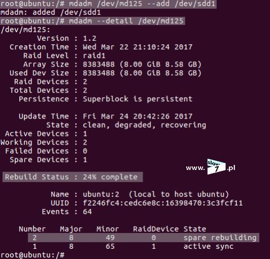 34 (Pobrane z slow7.pl) Macierz RAID1 została w pełni odbudowana i odzyskała swoją sprawność. Zanim przejdziemy dalej wykonajmy jeszcze jeden eksperyment.