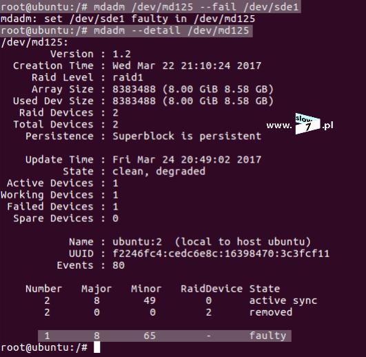 36 (Pobrane z slow7.pl) Dysk /dev/sde1 z macierzy RAID1 został usunięty.