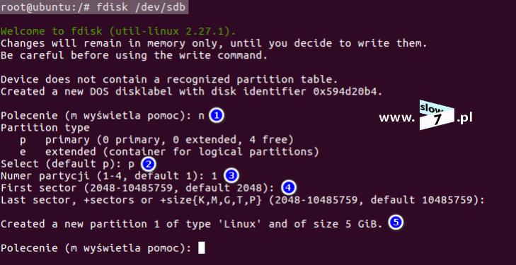 8 (Pobrane z slow7.pl) akceptując tym samym zaproponowane opcje domyślne. Po zatwierdzeniu wszystkich opcji partycja zostaje utworzona (punkt 5).