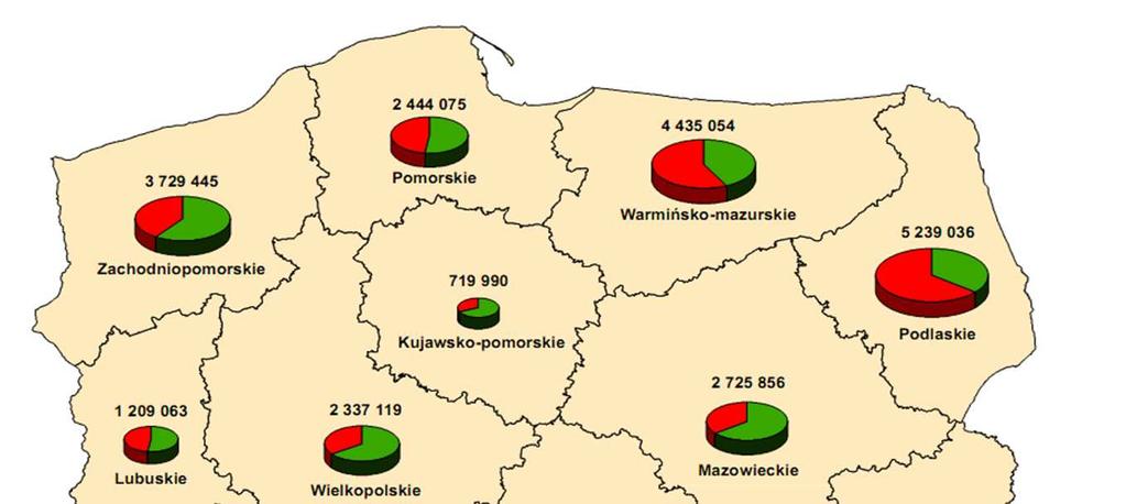 Drzewa martwe leżące i stojące Rozkład miąższości drzew martwych