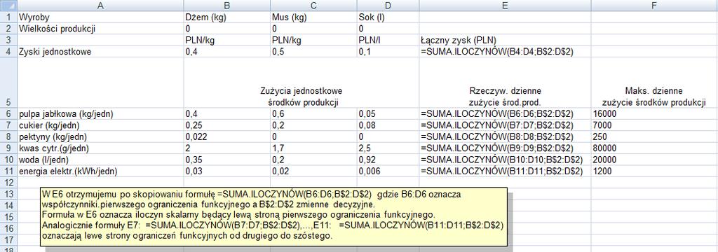 Wystarczy wpisać formułę (odpowiadającą funkcji celu) jeden raz, a pozostałe formuły wygenerować poprzez kopiowanie. Widok po skopiowaniu.