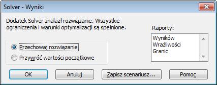P. Kowalik, Laboratorium badań operacyjnych: wybór optymalnego planu produkcji 8 Po dodaniu warunków ograniczających okno Solver Parametry powinno wyglądać jak niżej Ustawienia Solvera dla