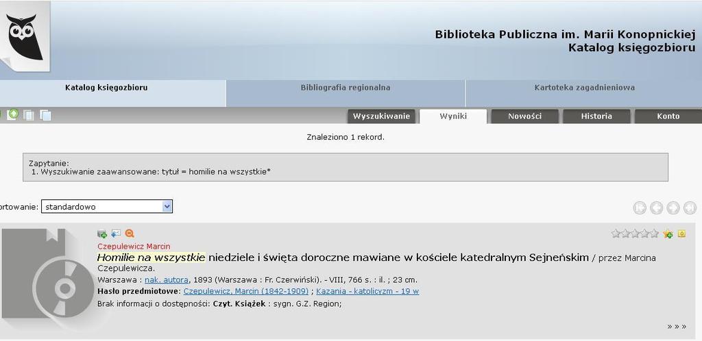Zrzut ekranu z katalogu elektronicznego Biblioteki Publicznej im. Marii Konopnickiej w Suwałkach (dostępny na stronie: http://www.