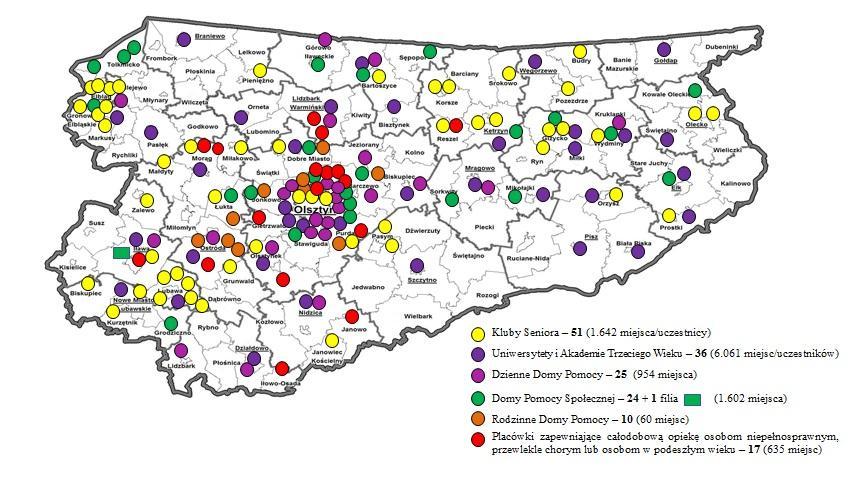 Tabela 6. Wykaz placówek pomocy społecznej w województwie warmińsko-mazurskim w latach 2014-2016, w których świadczone jest całodobowe wsparcie m.in.