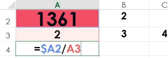 3 Wypełnij wiersz trzeci serią danych o początkowej wartości 2 (A3) - krokiem 1, aż do wartości końcowej 1360 W komórkę A4 wpisz formułę: =$A2/A3, która obliczy iloraz 1361/2 Rozszerz formułę w