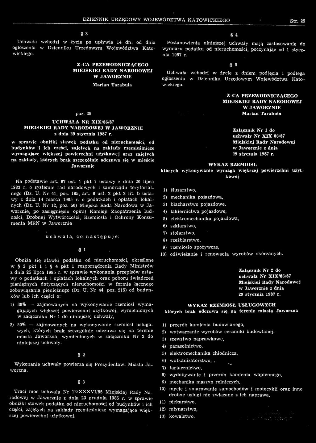 szczególnie odczuwa się w mieście Jaworznie Na podstawie art. 67 ust. 1 pkt 1 ustawy z dnia 20 lipca 1983 r. o systemie rad narodowych i samorządu terytorialnego (Dz. U. Nr 41, poz. 185, art. 6 ust.