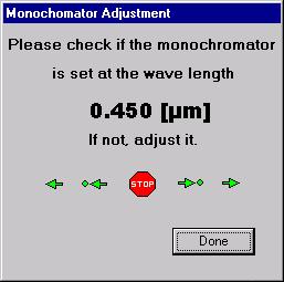 Formularz dostrajania monochromatora Monochromator Adjustment Pojawi się tutaj aktualna długość fali monochromatora przynajmniej taka jaką uważa program.