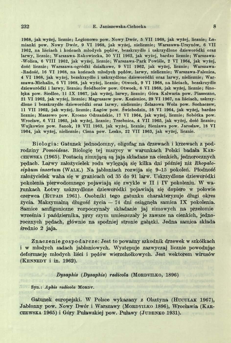 232 E. Janiszewska-Cichocka 8 1968, jak wyżej, licznie; Legionowo pow. Nowy Dwór, 5 VII 1968, jak wyżej, licznie; Łomianki pow.