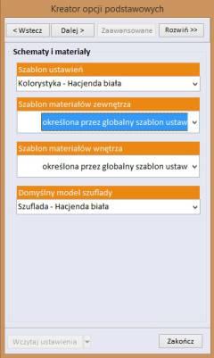 schematy kolorystyczne dla wnętrza i zewnętrza szafy oraz drzwi.