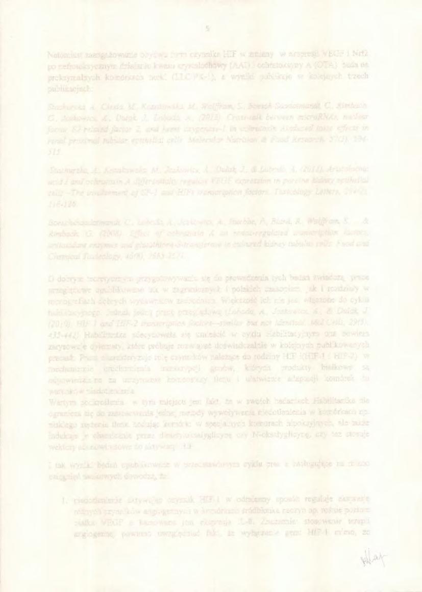 5 Natomiast zaangażowanie obydwu form czynnika HIF w zmiany w ekspresji VEGF i Nrf2 po nefrotoksycznym działaniu kwasu arystolochowy (AAI) i ochratoksyny A (OTA) bada na proksymalnych komórkach nerki