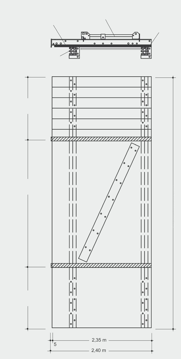 Montaż Wygląd podstawowej platformy roboczej o długości 596 cm Uwaga: Deski podłogowe muszą mieć grubość minimum 5 cm. Drewno klasy min. C24.