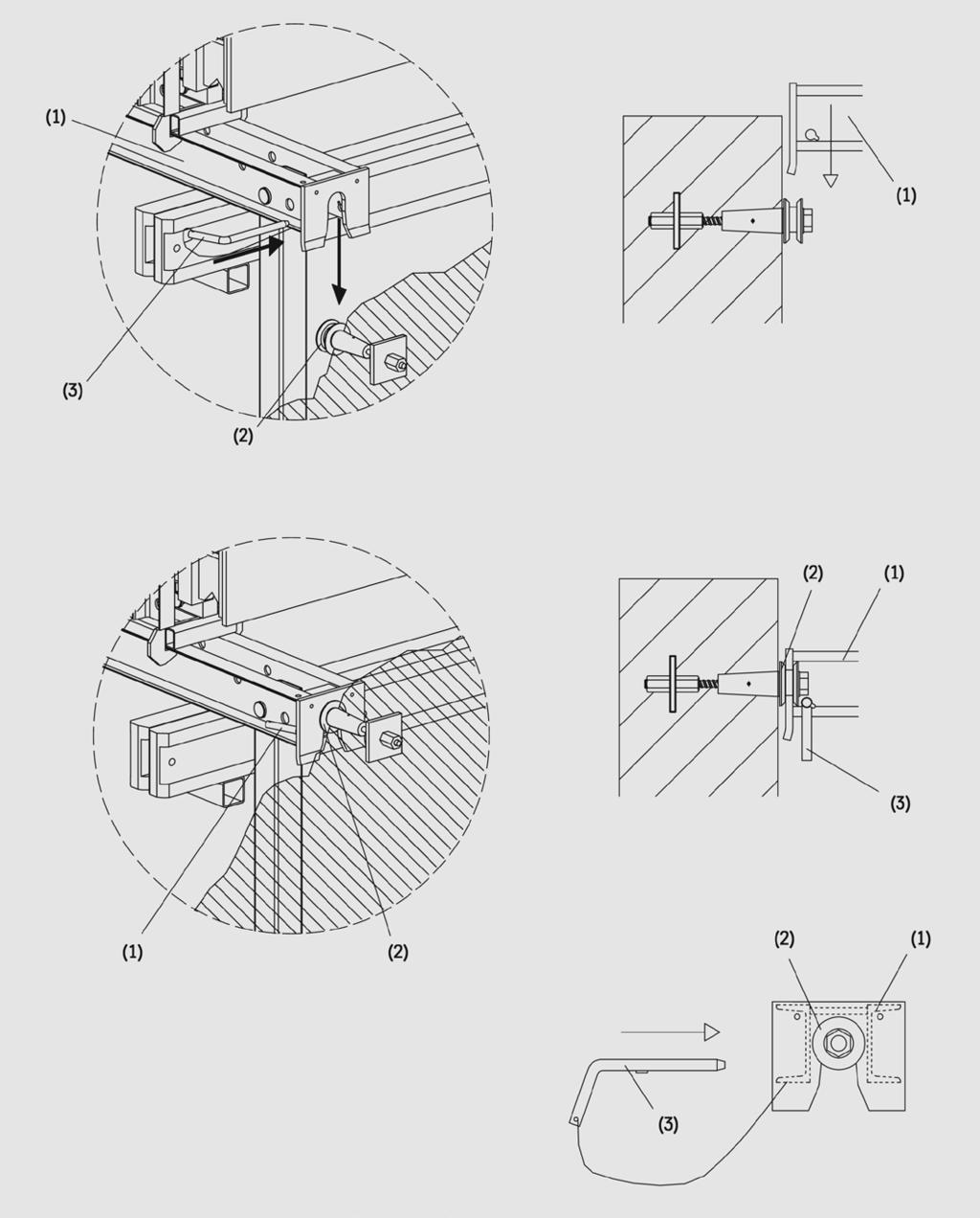 Montaż KONSOLE WISZĄCE CS 240L Zawieszenie platformy i jej zabezpieczenie Całą platformę (1) należy unieść żurawiem i zawiesić na rolkach (2), które powinny być uprzednio zabetonowane w odpowiednich