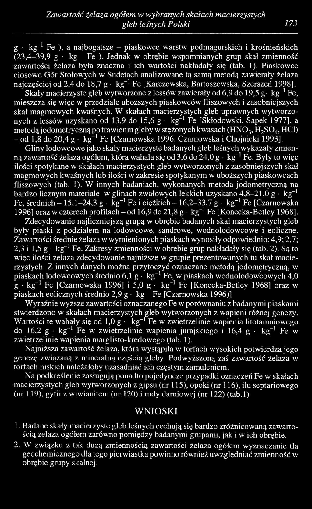 Piaskowce ciosowe Gór Stołowych w Sudetach analizowane tą samą metodą zawierały żelaza najczęściej od 2,4 do 18,7 g kg-1 Fe [Karczewska, Bartoszewska, Szerszeń 1998].