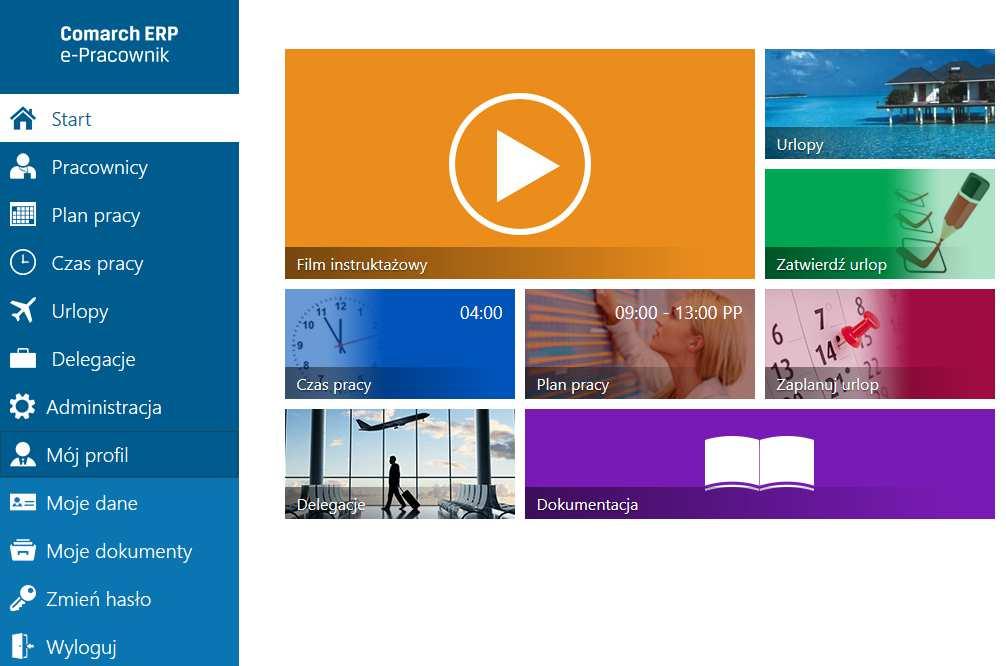 5 Start Bezpośrednio po zalogowaniu do aplikacji Comarch ERP e-pracownik pojawi się okno startowe, dzięki któremu można szybko przejść do najczęściej wykorzystywanych opcji. Są to m.in.