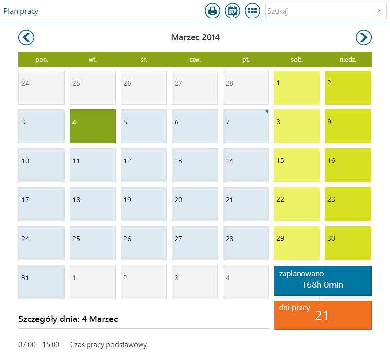 8 Plan pracy Plan pracy pozwala na planowanie pracy w poszczególnych dniach miesiąca.