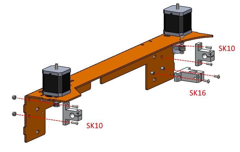 6. Przykręcenie mocowań SK10 do elementu Belka_lewa: Na lewej belce znajdują się miejsca na 2 mocowania SK10 i jedno mocowanie SK16.