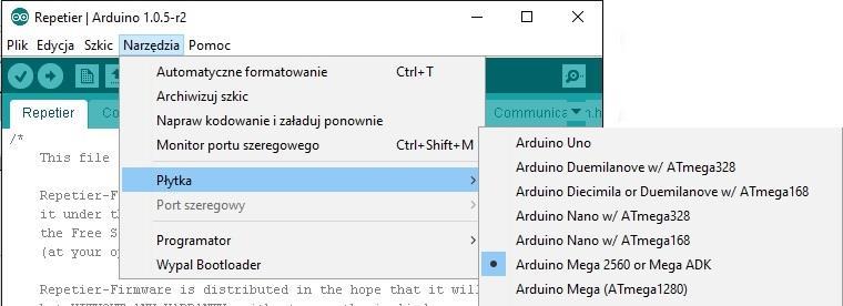 6. Wybranie Płytki Arduino Mega 2560 w menu Narzędzia.
