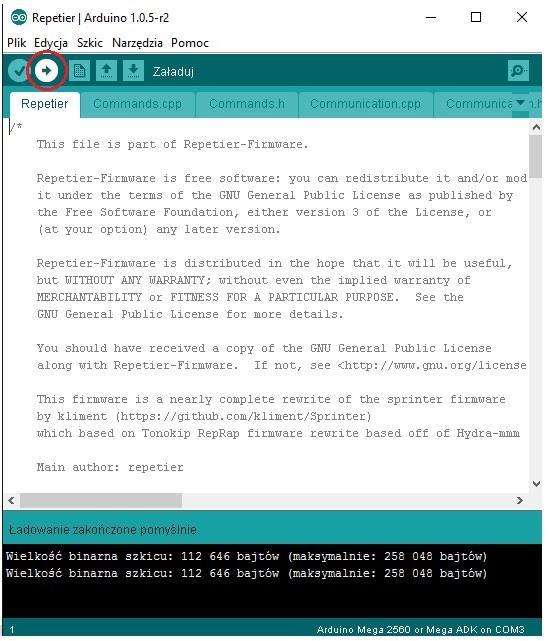 8. Załadowanie pliku wykonawczego do płytki Arduino.