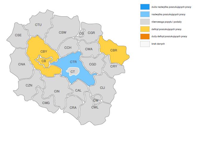 RELACJA MIĘDZY DOSTĘPNĄ SIŁĄ ROBOCZĄ A ZAPOTRZEBOWANIEM NA PRACOWNIKÓW W GRUPIE ZAWODÓW TECHNICY BUDOWNICTWA WG POWIATÓW Źródło: http://barometrzawodow.pl/ 5.