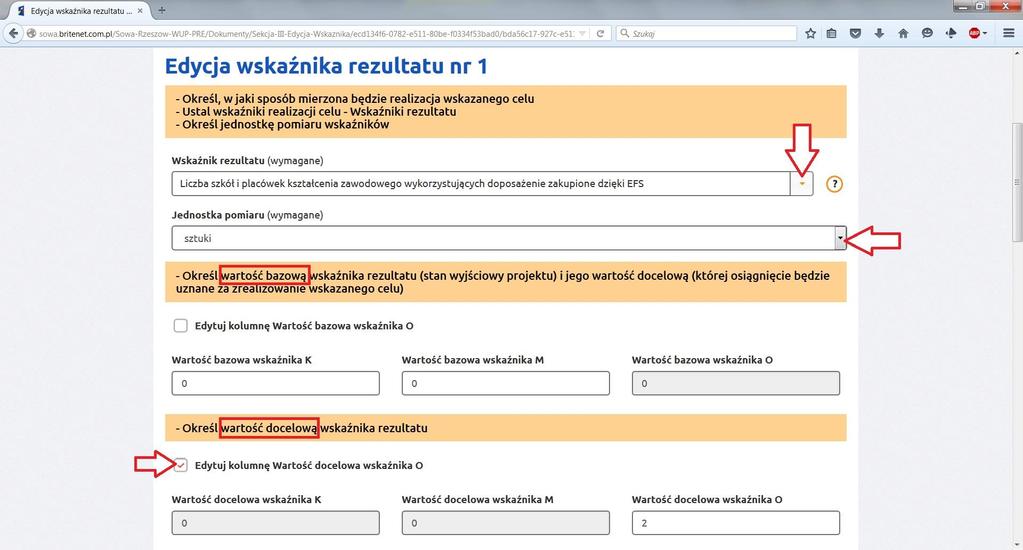 DOBÓR WŁAŚCIWYCH WSKAŹNIKÓW REZULTATU I PRODUKTU Korzystając z tej sekcji należy wybrać wskaźniki z listy rozwijanej własne adekwatne do planowanego wsparcia i grup docelowych i/lub ręcznie wpisać