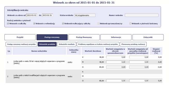 Jeśli realizujesz umowę współfinansowaną z Europejskiego Funduszu Społecznego, system przedstawi Ci tabelę z podziałem na płeć, gdzie K oznacza kobiety, M oznacza mężczyzn oraz O oznacza ogółem
