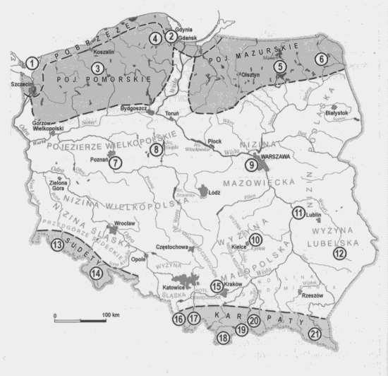 Regiony turystyczne Polski wg Cabaja i Kruczka Makroregion Pobrzeża Bałtyku 1 Region Woliński 2 Trójmiasto Makroregion Pojezierze Pomorskie 3 Region Drawski 4 Region Kaszubski Makroregion Pojezierze