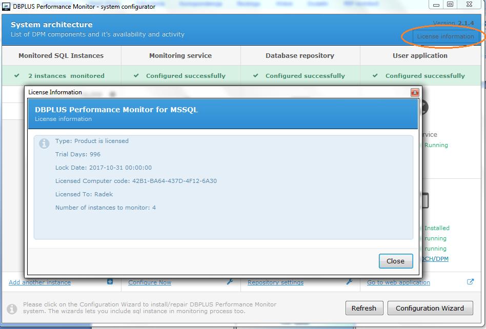 5 Licencja Licencja generowana jest zawsze na serwer z zainstalowanym oprogramowaniem DBPLUS PERFORMANCE MONITR a nie na instancje SQL.