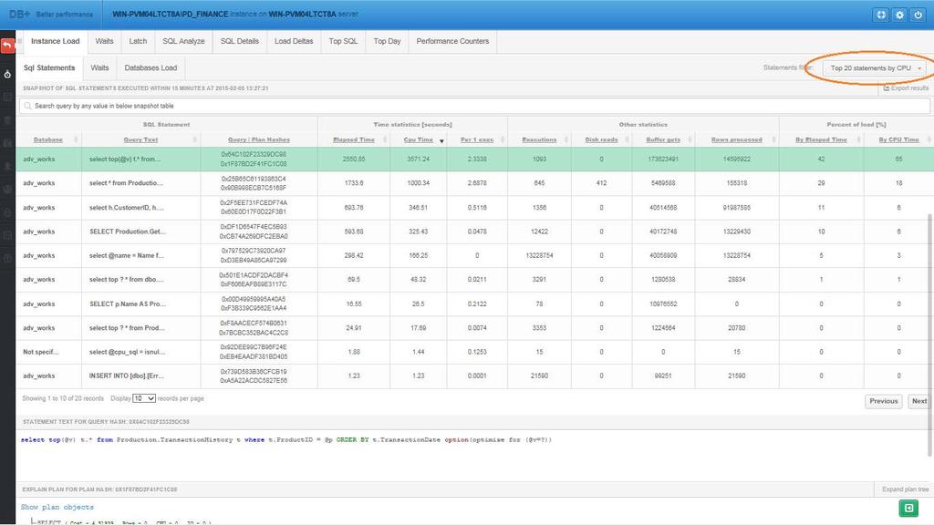Pojawiły się tutaj 3 dodatkowe pod-zakładki: SQL Statements Waits Databases Load SQL Statements to statystyka zapytań przedstawiona w formie tabeli.