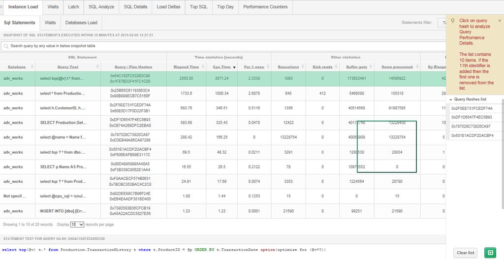 Dla przykładu po wybraniu opcji Add to query hash list, przenosimy identyfikator danego zapytania do Schowka z listą zapytań, celem późniejszej analizy konkretnych zapytań Poniżej slajd z 4