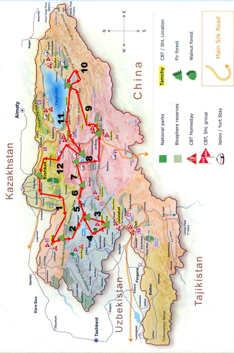 trasa Planowana trasa podzielona jest na 12 etapów i liczy około 2.030 km większości poza asfaltem. Zaczynamy i kończymy w Biszkeku.