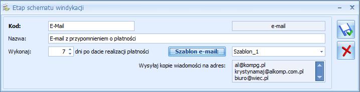 Usunięcie z programu szablonu e-mail przypisanego do etapu windykacji uniemożliwi wysłanie do kontrahentów wiadomości e-mail.