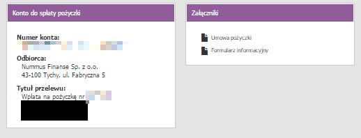 8.2. Dane do spłaty Pożyczki Pod harmonogramem, w sekcji Konto do spłaty pożyczki widoczne są informacje niezbędne do spłaty Rat pożyczki (Rys. 22). 8.3. Załączniki Rys. 22. Informacje do spłaty Pożyczki.