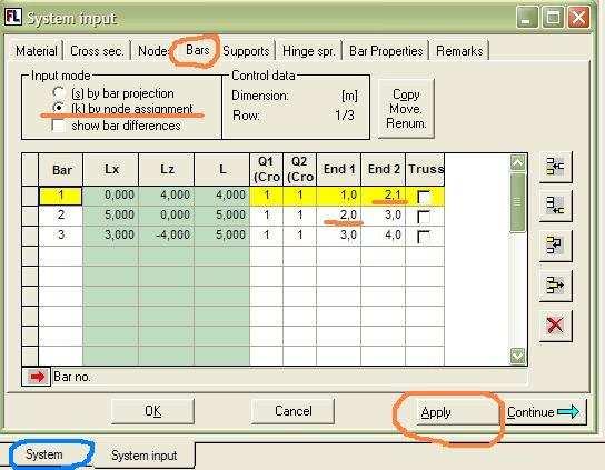 DEFINIOWANIE PRĘTÓW 4 W zakładce Bars (pręty ) zaznaczyć opcję [k] by node assignment i wypełnić w tabelce zółte pola: - w kolumnie Bar (pręt) wpisać numer pręta -
