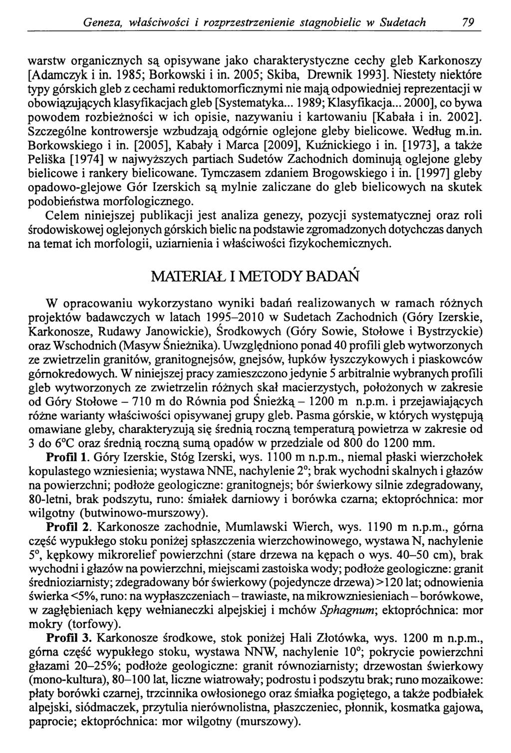 Geneza, właściwości i rozprzestrzenienie stagnobielic w Sudetach 79 warstw organicznych są opisywane jako charakterystyczne cechy gleb Karkonoszy [Adamczyk i in. 1985; Borkowski i in.