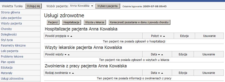 4.14 Zakładka 'Usługi zdrowotne' Instrukcja obsługi aplikacji FONTiC 2010 C rysunek 30 Po wejściu do zakładki wybierz pacjenta z listy Twoich pacjentów (jeśli pacjent został wybrany przez szybki