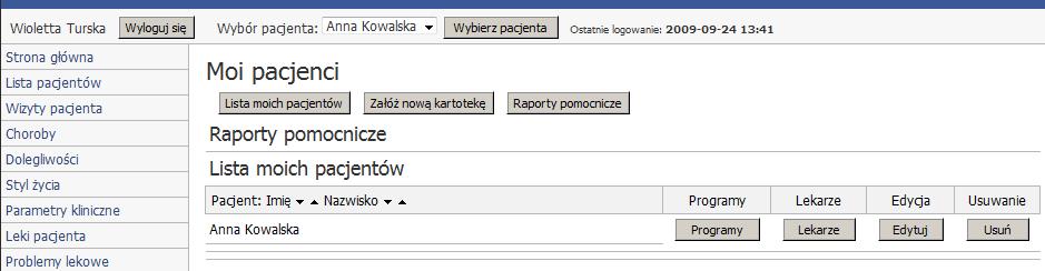 Możesz sortować pacjentów ze względu na imię lub nazwisko. W tym celu kliknij czarną strzałkę odpowiednio przy imieniu lub nazwisku.