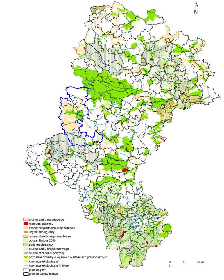 Rysunek 6 Struktury ekologiczne na terenie powiatu gliwickiego i województwa śląskiego Źródło: Opracowanie ekofizjograficzne do Planu Zagospodarowania Przestrzennego Województwa Ślaskiego, 2003