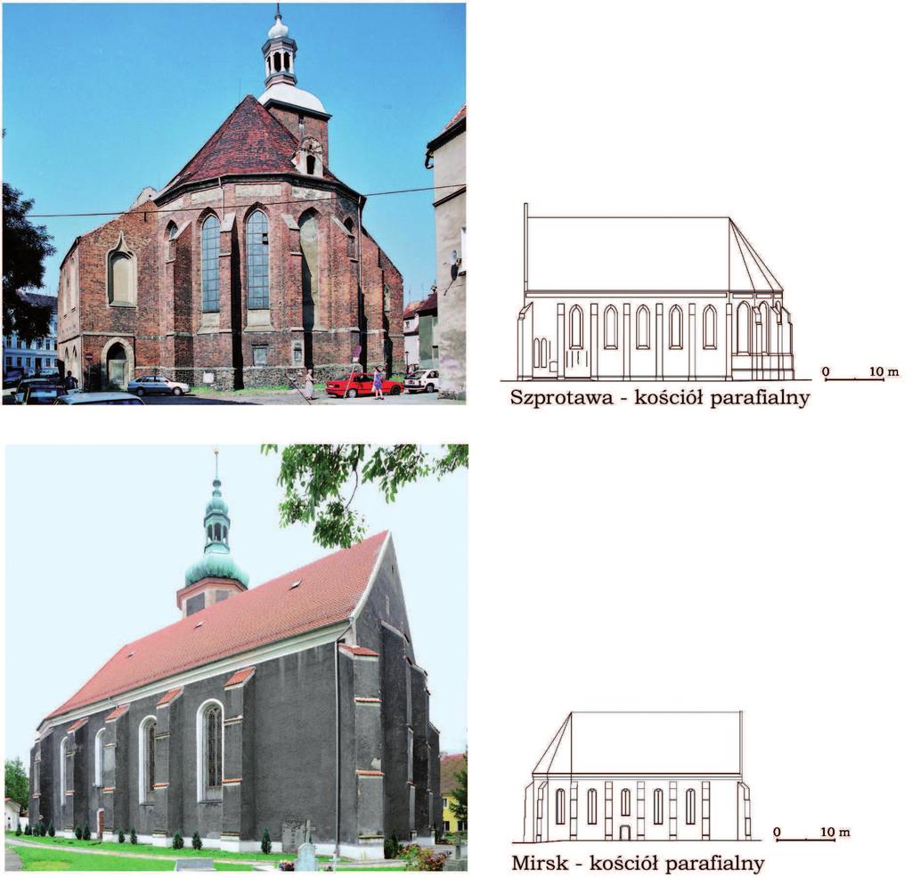 27. Widok ko cio a i rekonstrukcja elewacji pod u nej 27. Church view and reconstruction of longitudinal elevation ciana nawy g ównej mi dzy wie ami posiada a na osi wysokie okno i niewielki portal.
