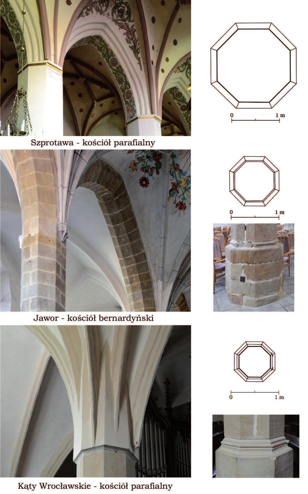 28. Filary o mioboczne 28. Octagonal pillars Wsporniki guralne zastosowano w siedmiu ko cio ach (il. 31). W prezbiterium ko cio a w.