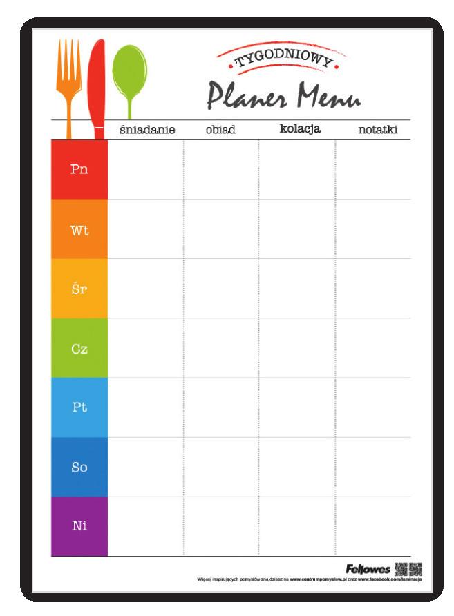 zakupów. Pobierz PDF i wydrukuj planer. Zalaminuj, aby użyć go wielokrotnie. Umieść planer w widocznym miejscu, np. na lodówce.