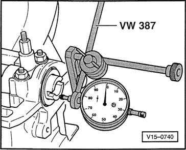 Rys. 1 Wałek rozrządu, sprawdzanie luzu osiowego Potrzebne narzędzia specjalne, przyrządy pomiarowe i środki pomocnicze 1 Uniwersalny wspornik czujnika pomiarowego VW 387 1 Czujnik pomiarowy Granica
