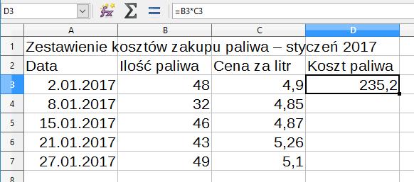 Formułę w komórce D3 możemy również zapisać inaczej: klikamy komórkę D3, naciskamy klawisz [=] na klawiaturze, klikamy komórkę B3, wciskamy klawisz [*] na klawiaturze i klikamy komórkę C3, a